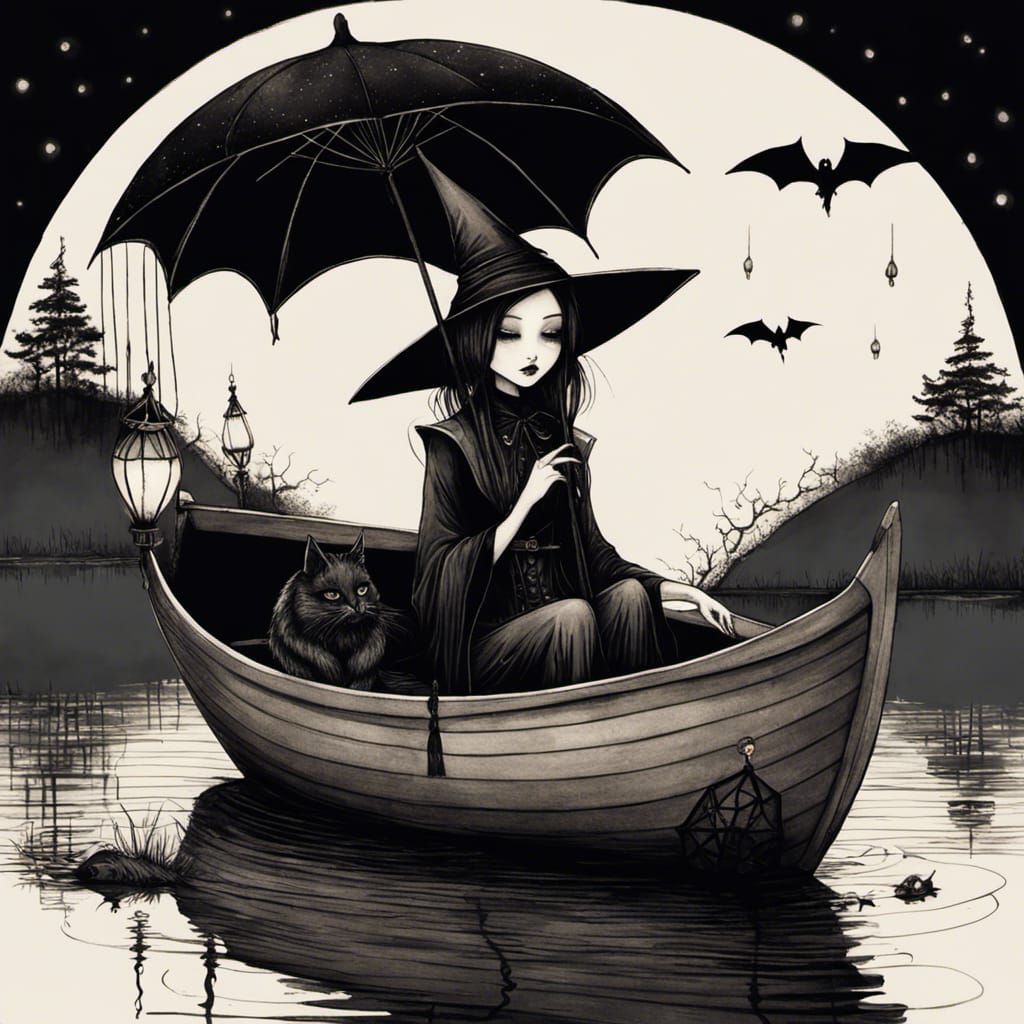 Gothic Witch on Lake with Lanterns, Crosshatch Style