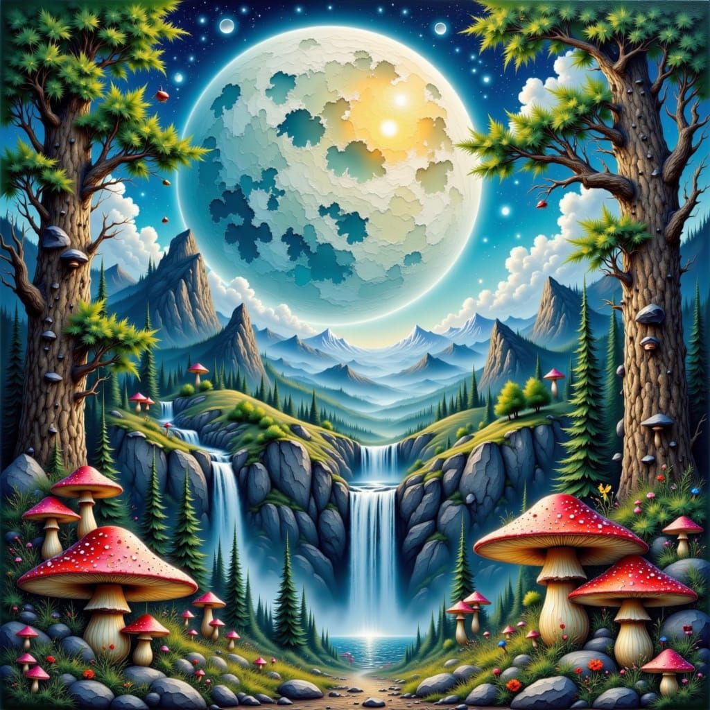 Warrior Moon Over Waterfall Mushroom Valley