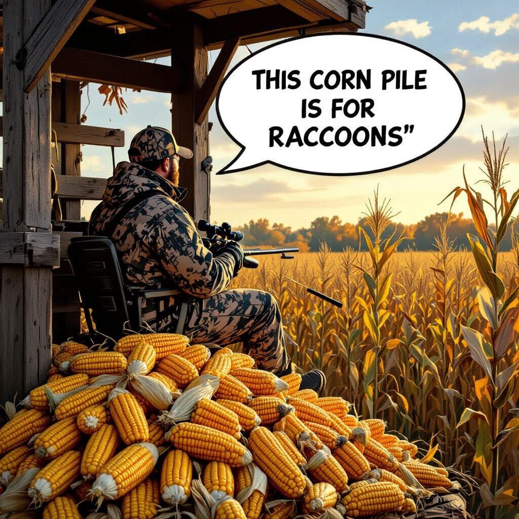 Deer Hunter in Tree Stand Over Corn Pile