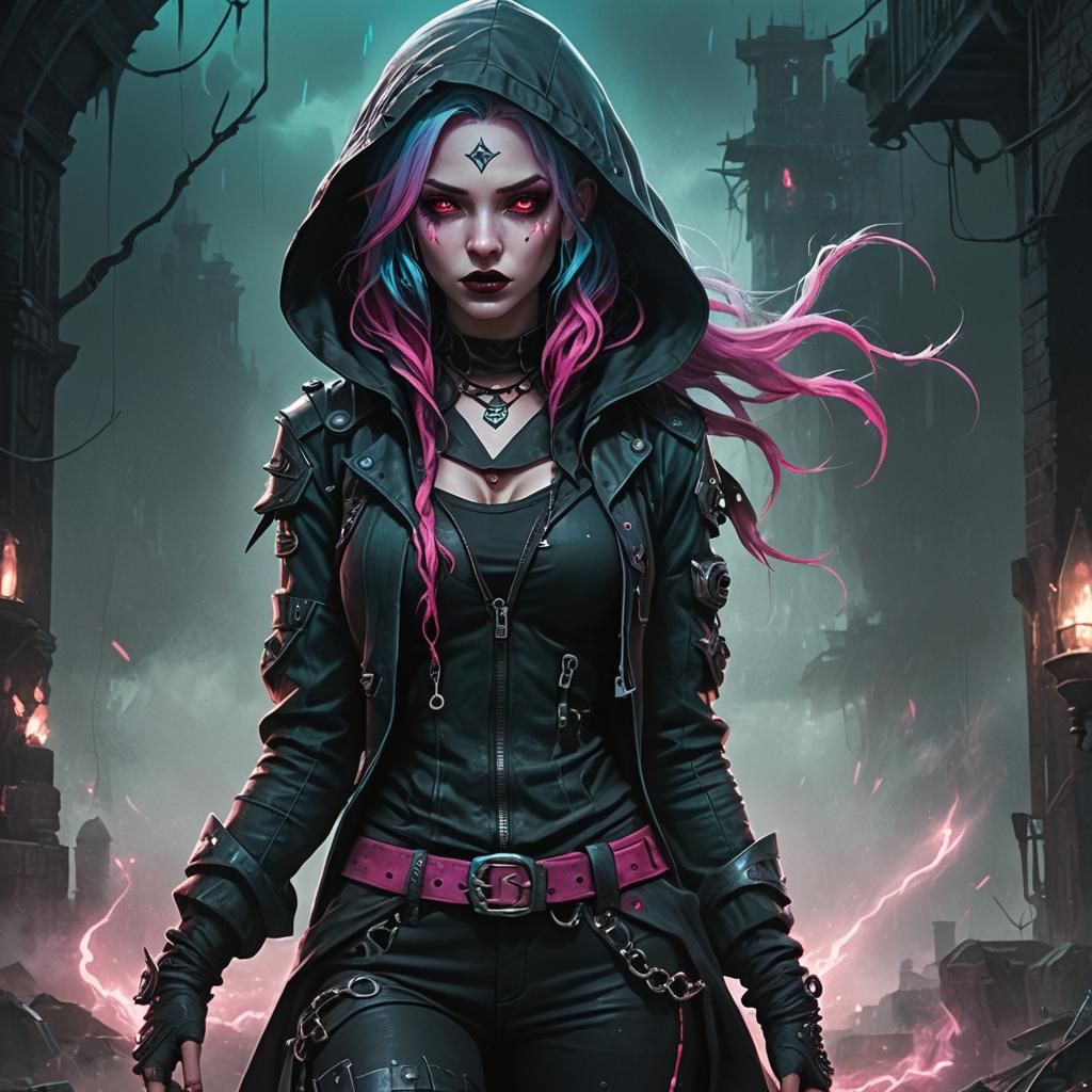 Gothic Fantasy Rogue with Neon Accents