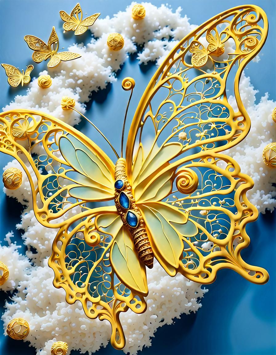 Crystallized Butterfly with Gold Filigree on Cloud