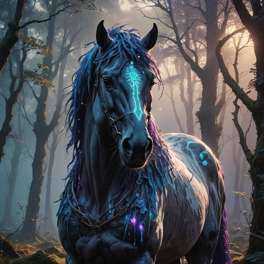 Majestic Mythical Horse Portrait in Ancient Forest