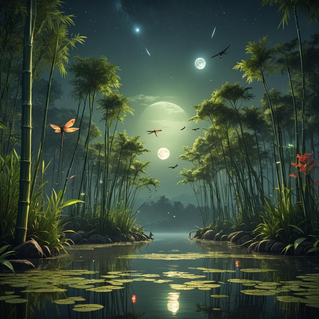Moonlit Tropical Lake with Dragonflies: Fantasy Art