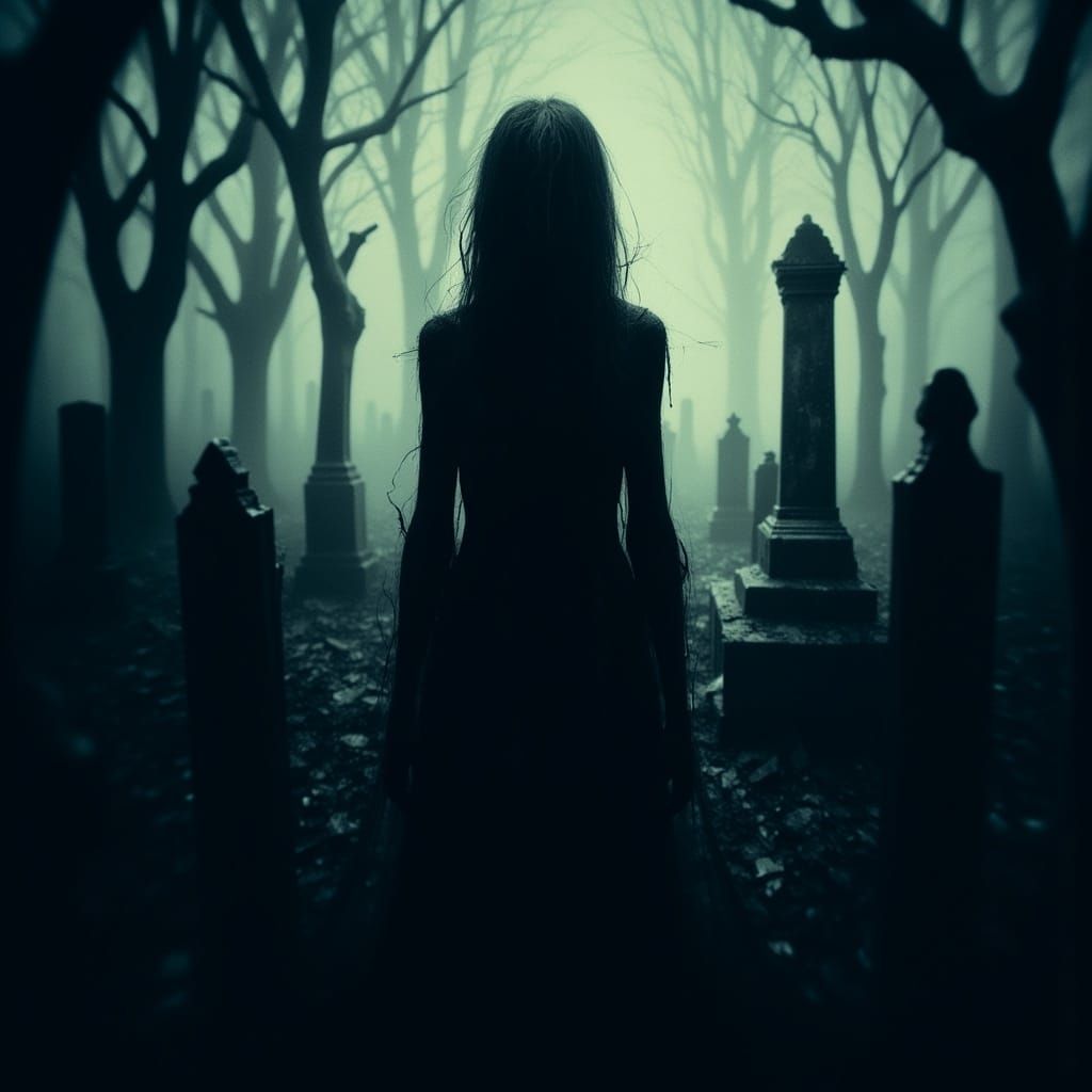 Eerie Girl in Cemetery, Gothic Horror Scene