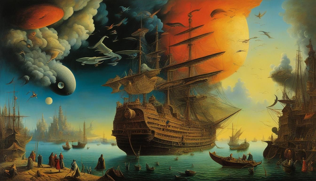 Dreamlike Surreal Seascape with Ships of Smoke