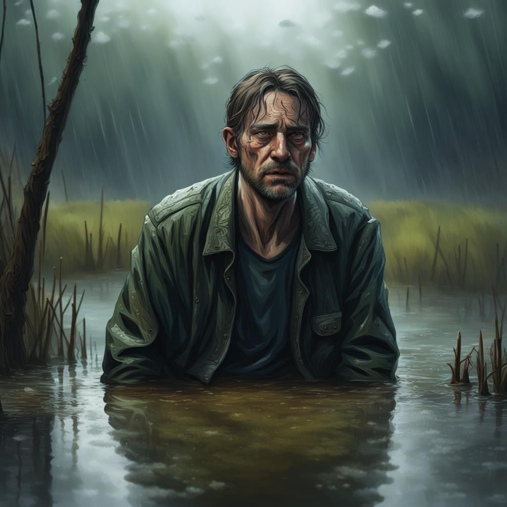 Mourning Man in Rainy Swamp: Hyperrealistic Splash Art