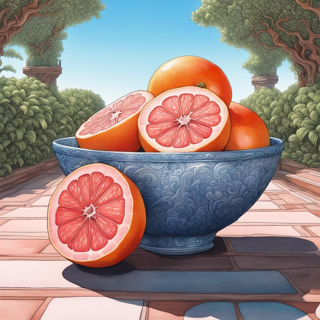 Pink Grapefruit Still Life: Watercolor and Ink