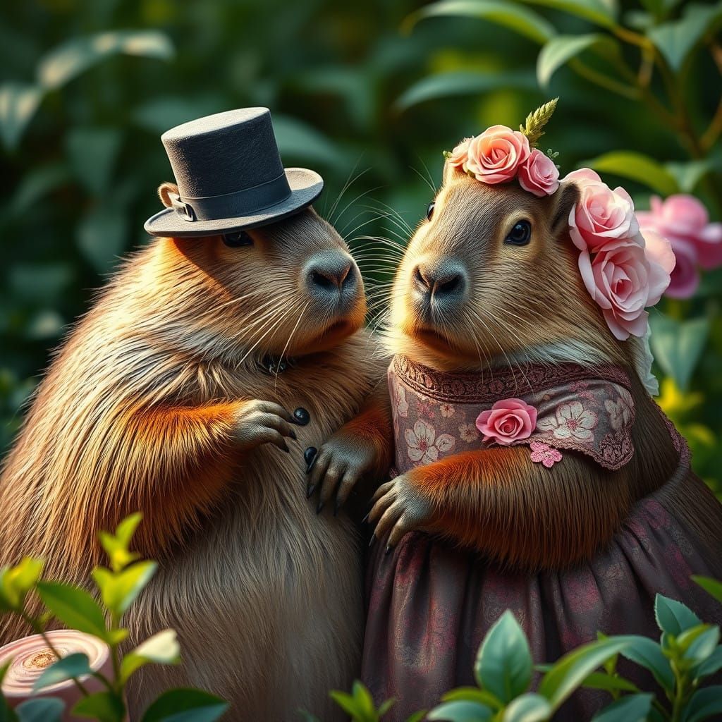 Charming Capybara Couple in Whimsical Garden Setting