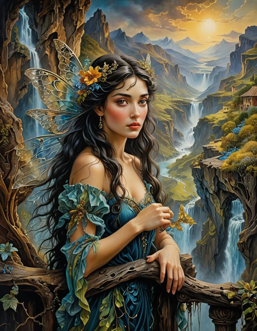 Surreal Fairy Portrait with Mountain View as Oil Painting