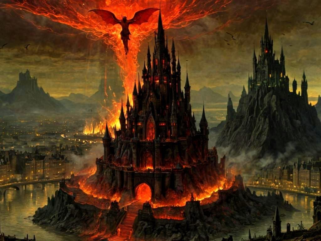 Infernal Lucifer Castle Ablaze: A Grimshaw-Inspired Vision