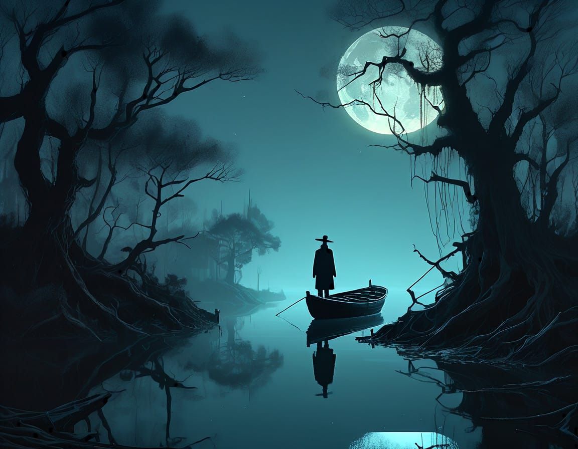 Mysterious Traveler in Moonlit Landscape