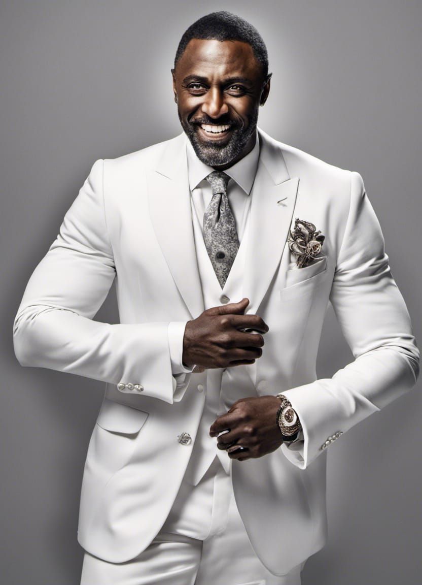Idris Elba in White Suit: Hyperrealistic Portrait