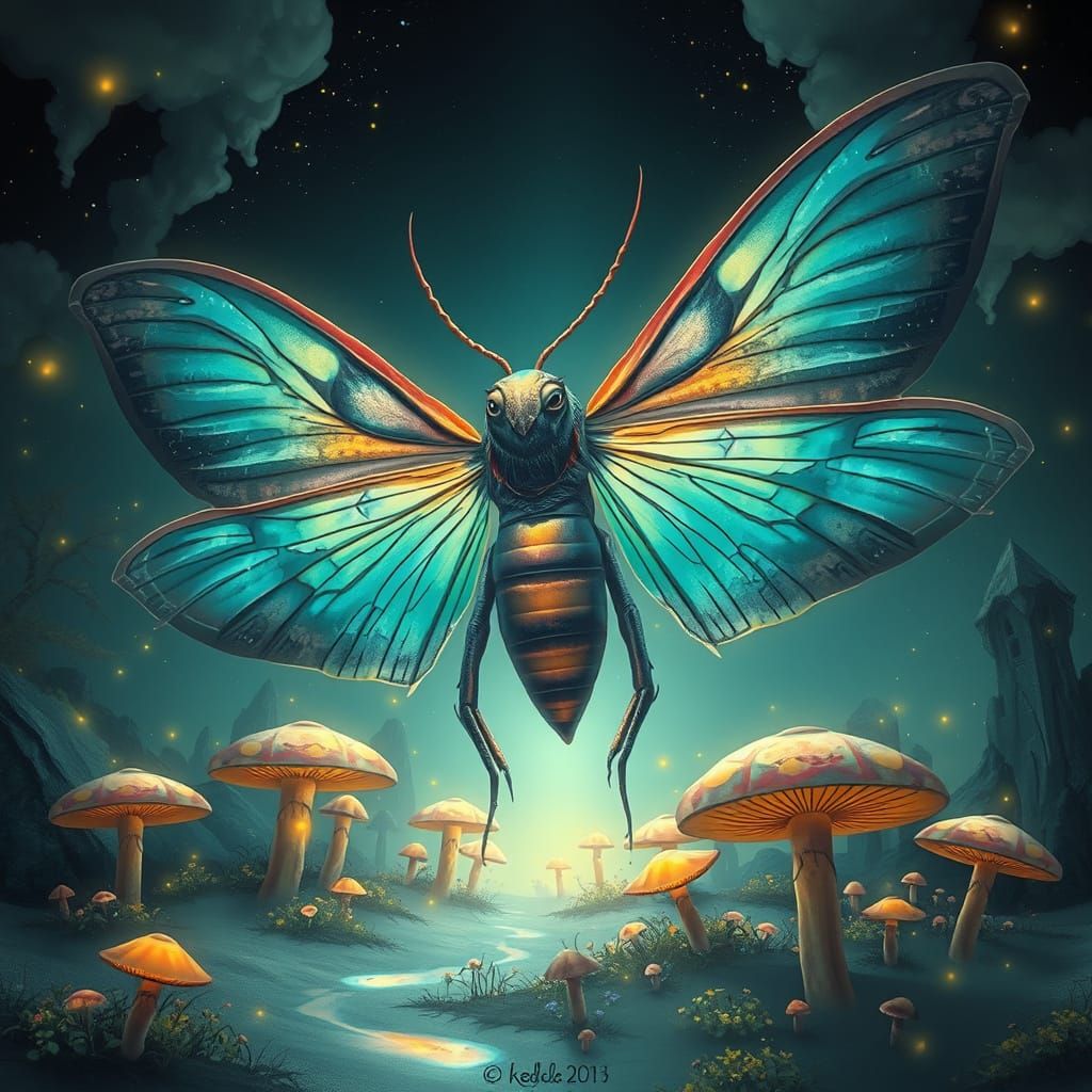 Mystical Kaiju Moth in Glowing Bioluminescent Landscape