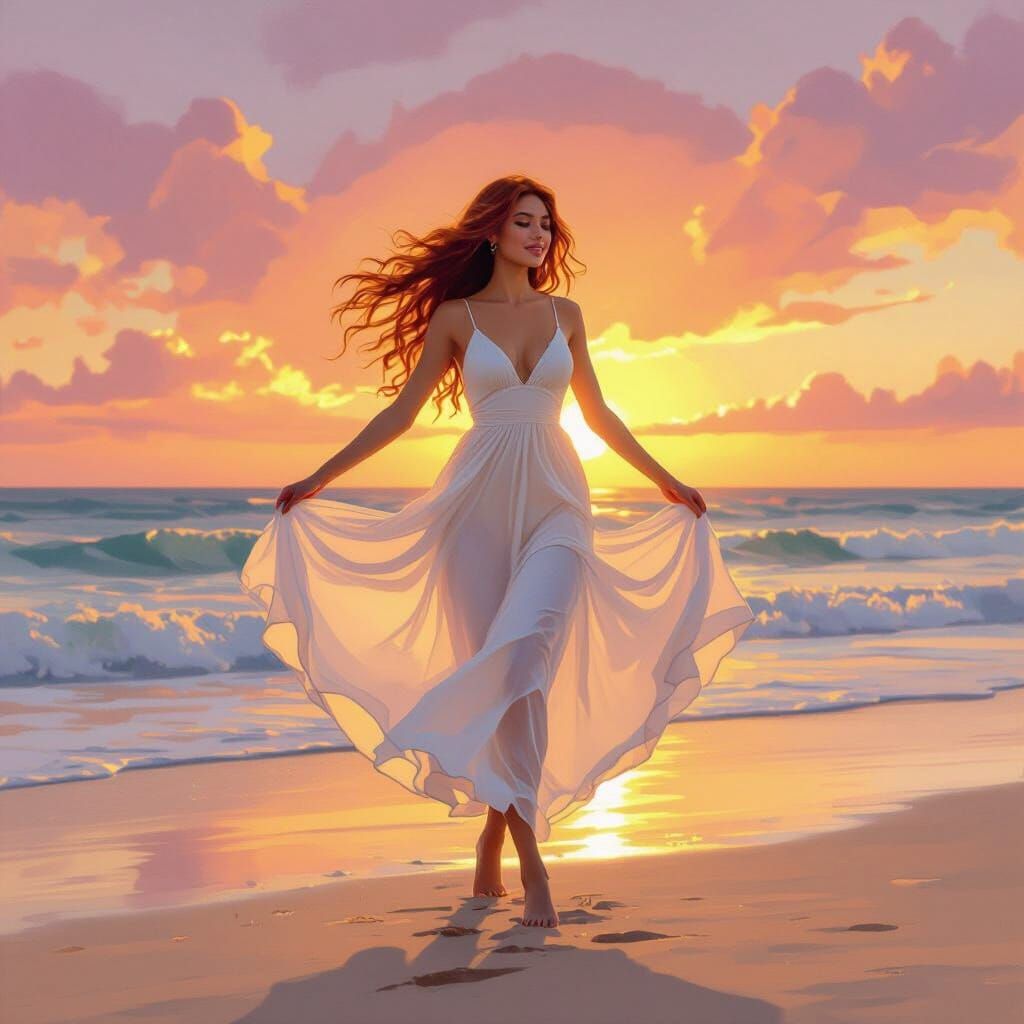 Young Woman Dancing on Tropical Beach at Sunset