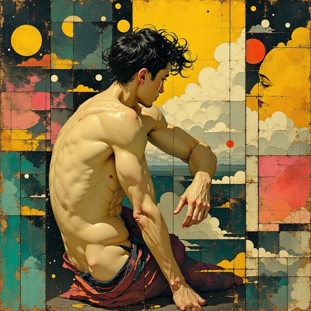 Contemplative Muscled Man in Surrealist Baroque Dream