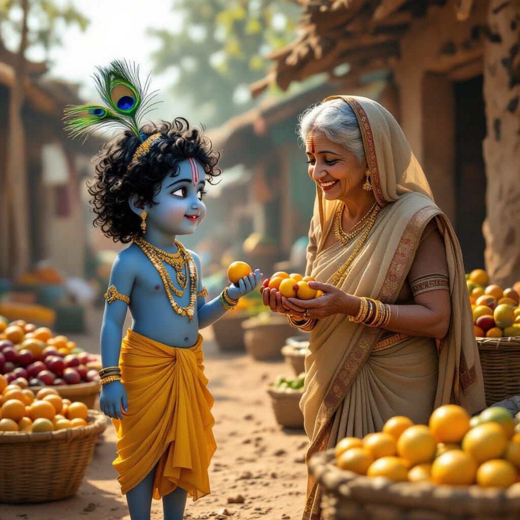 Child Krishna in Rural Market, 3D Render