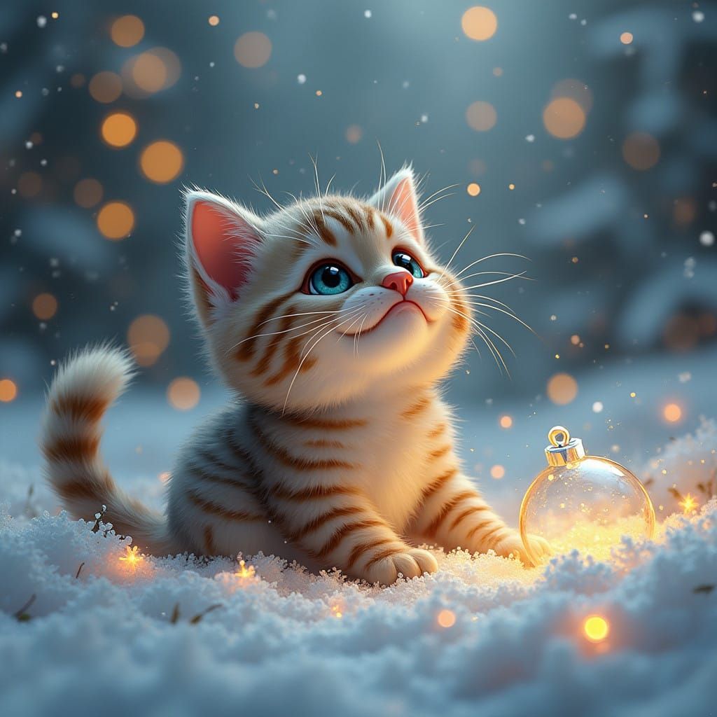 Furry Feline Surrounded by Sparkling Winter Delights in Whim...