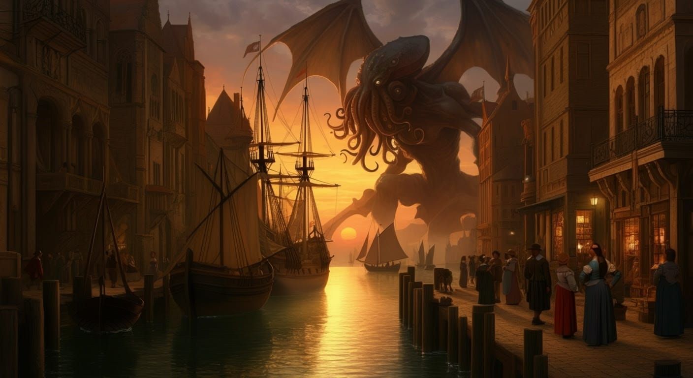 Cthulhu Descends Upon a Peaceful 17th-Century Harbor Scene i...