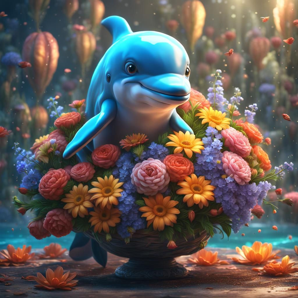 Dolphin with Flowers: Detailed Fantasy Concept Art