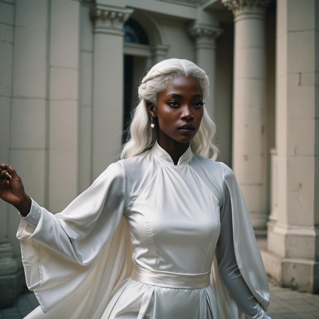Melanin Beauty with White Hair in Cinematic Style