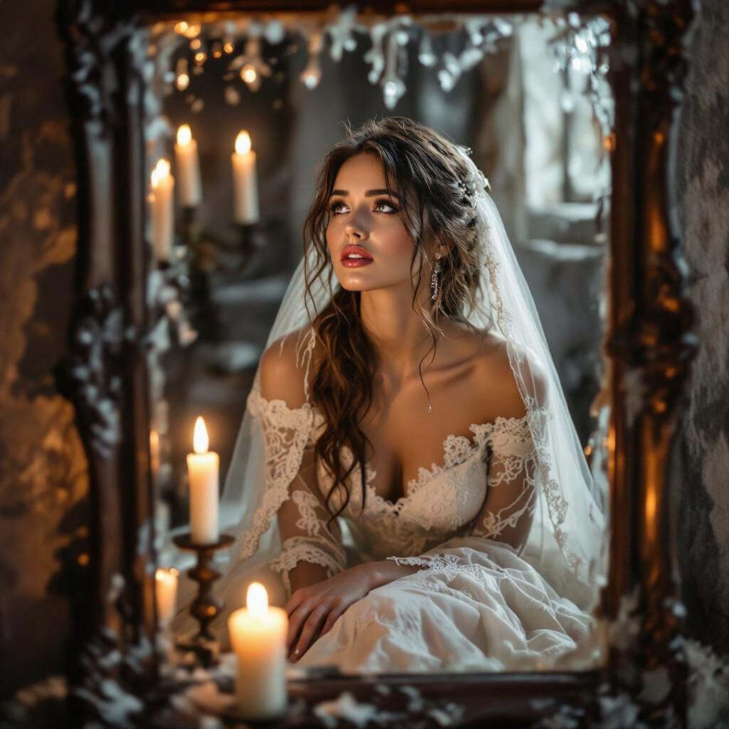 Haunting Reflection: Woman in Tattered Dress Gazes with Tear