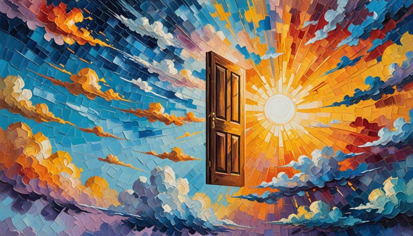 A floating door in the sky, wide open and leading to who knows where, heavenly sunshine beams divine bright soft focus h...