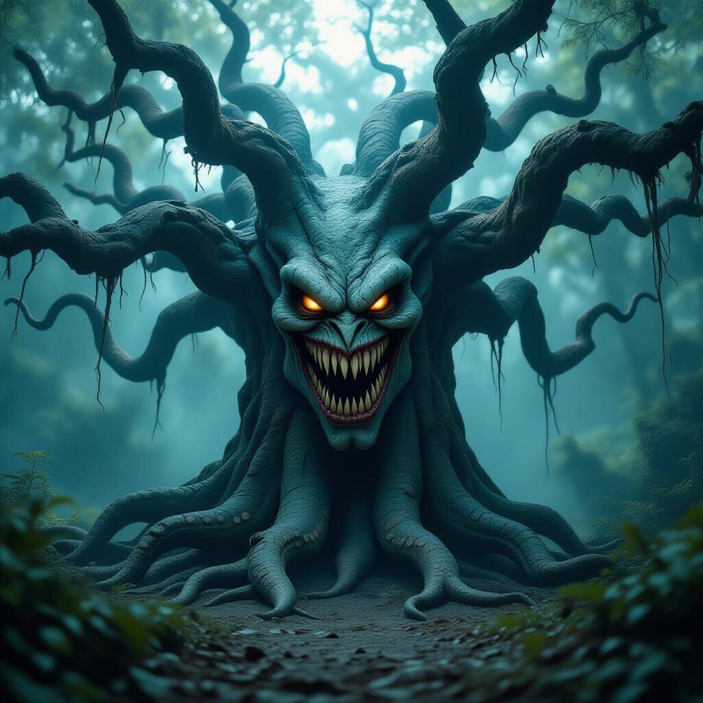 Menacing Dark Fey Tree with Sneering Mouth