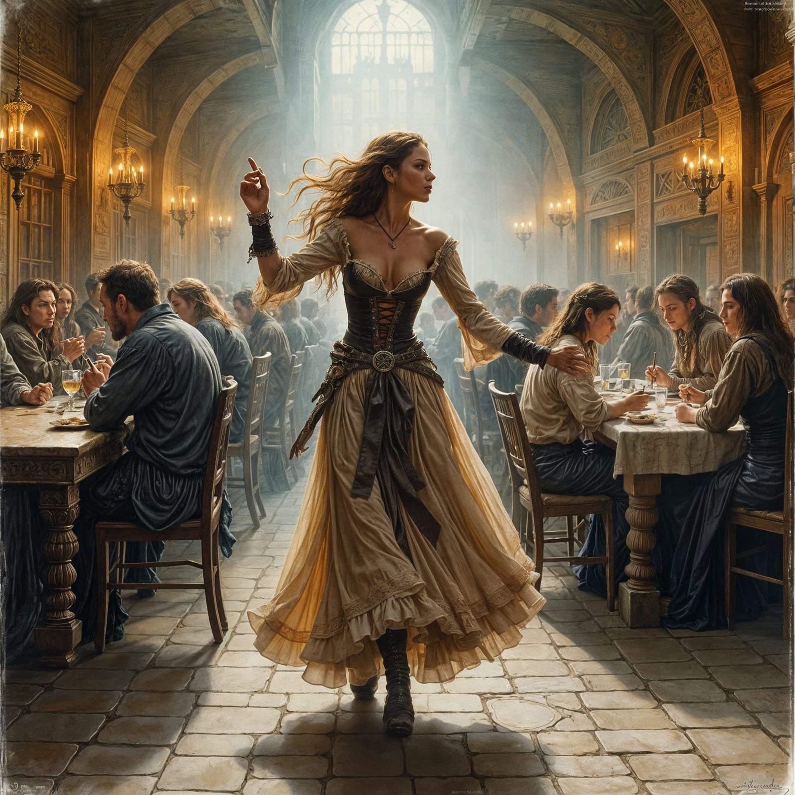 Wench Dancing in Crowded Tavern, Pastel Illustration