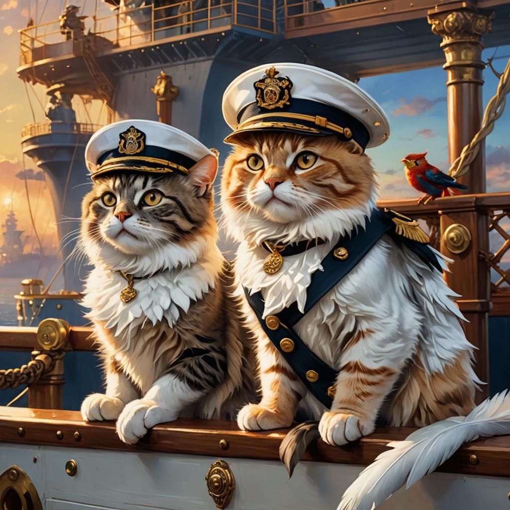 Cat and Parrot as Titanic Captains: Digital Art
