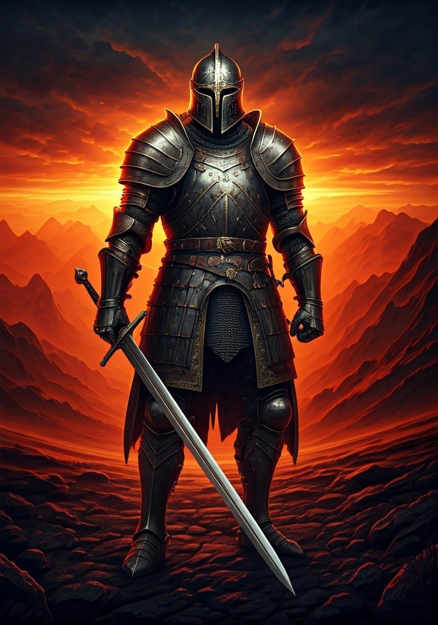 Guardian Knight with Longsword in Dramatic Landscape