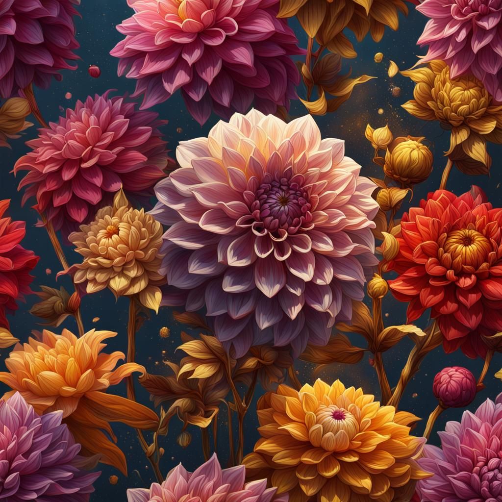 Maximalist Dahlias with Gold Flecks, Digital Speedpaint