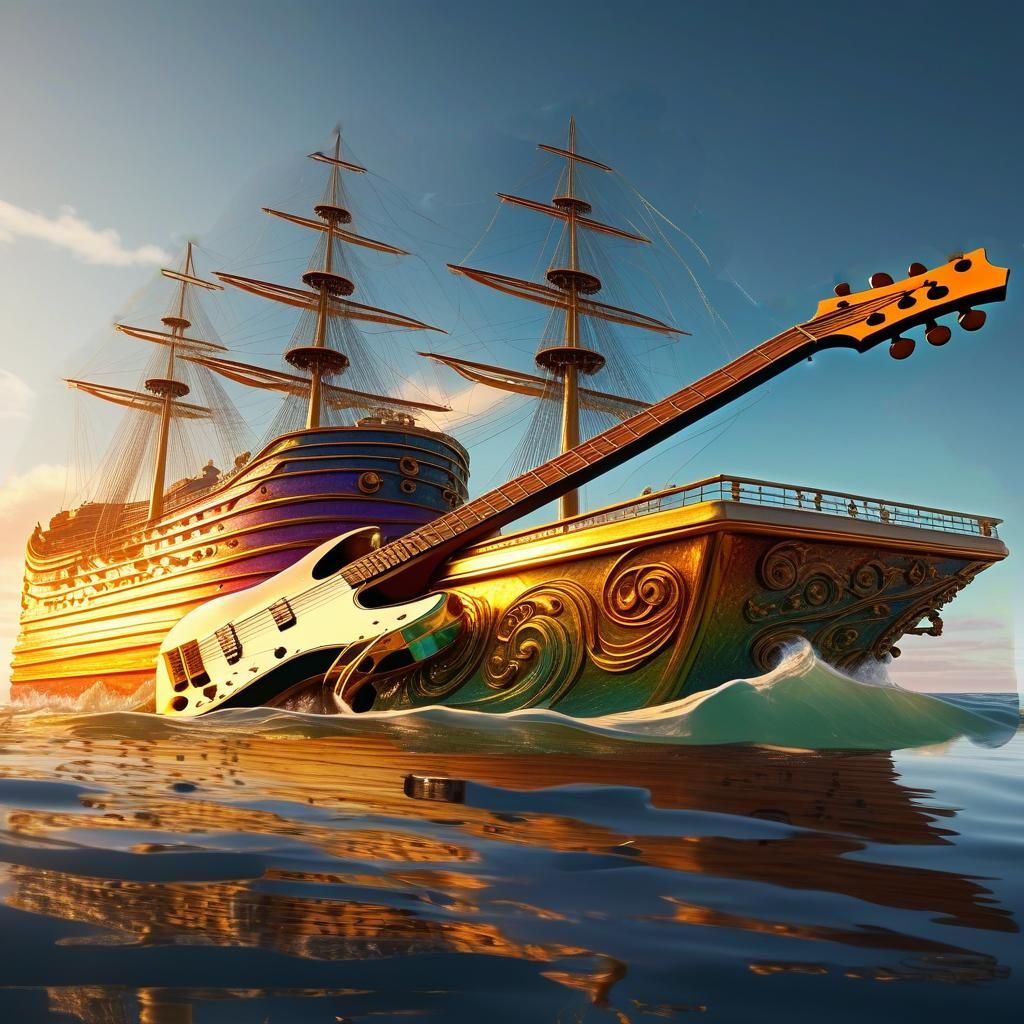 Guitar Ship Sailing: Detailed Matte Painting