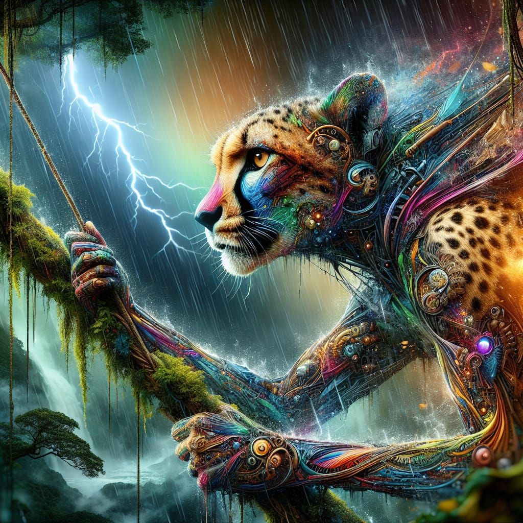 Steampunk Character in Rainforest with Storm Effects