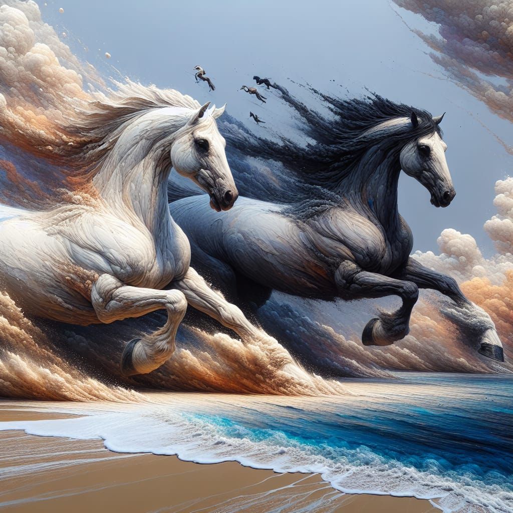 Dramatic Seashore Horse Race in Matte Painting Style