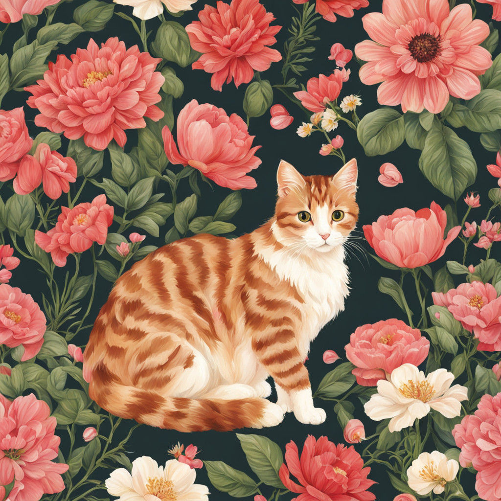 Whimsical Pastel Nude of a Cat Surrounded by Flowers in a Vi...