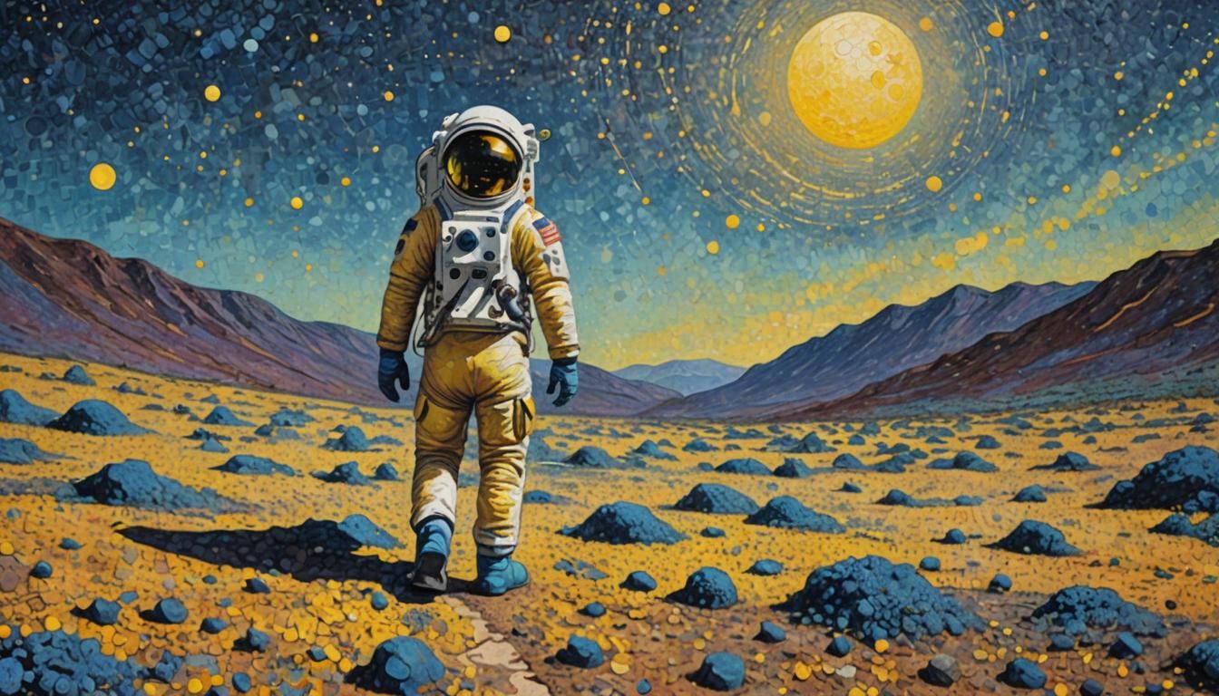 Astronaut on Barren Moon in Pointillist Style