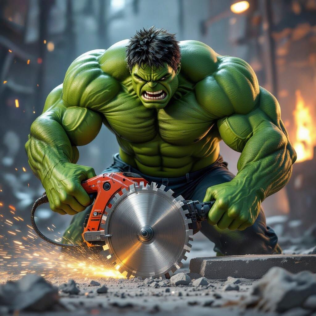 Hulk Cuts Concrete with Turbo Saw in Digital Art