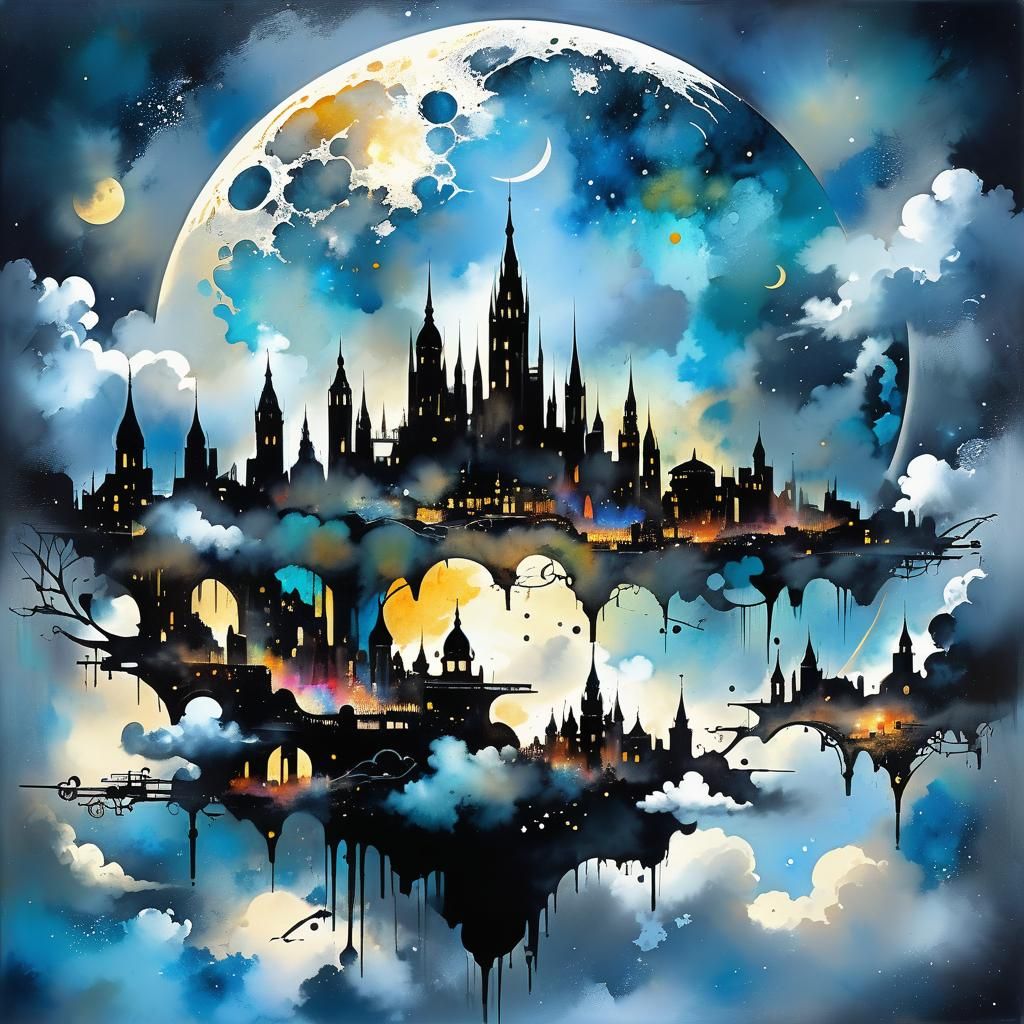 Moon with an City inside, floating in the clouds Constellation Universe Galaxy heavenly city in the clouds,,...