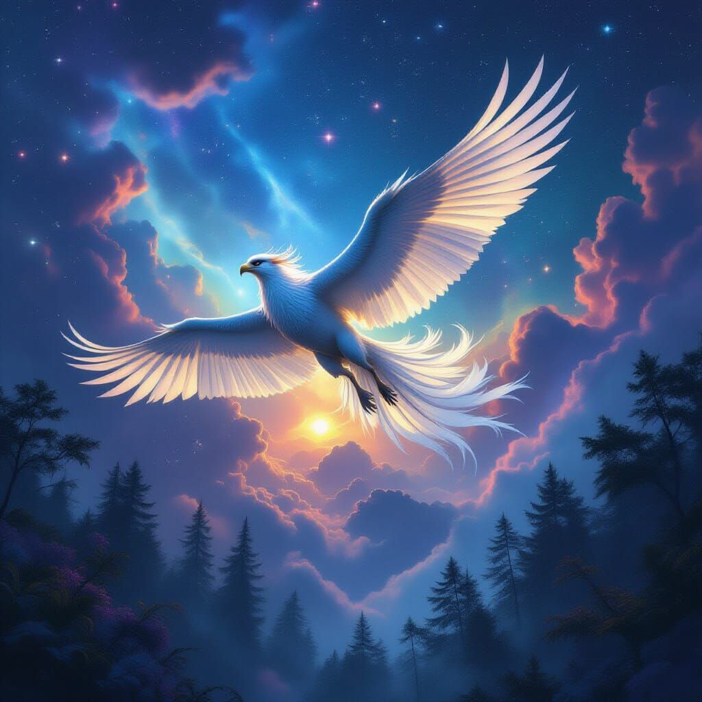 Iridescent Gryphon Soaring Through Nebula Sky