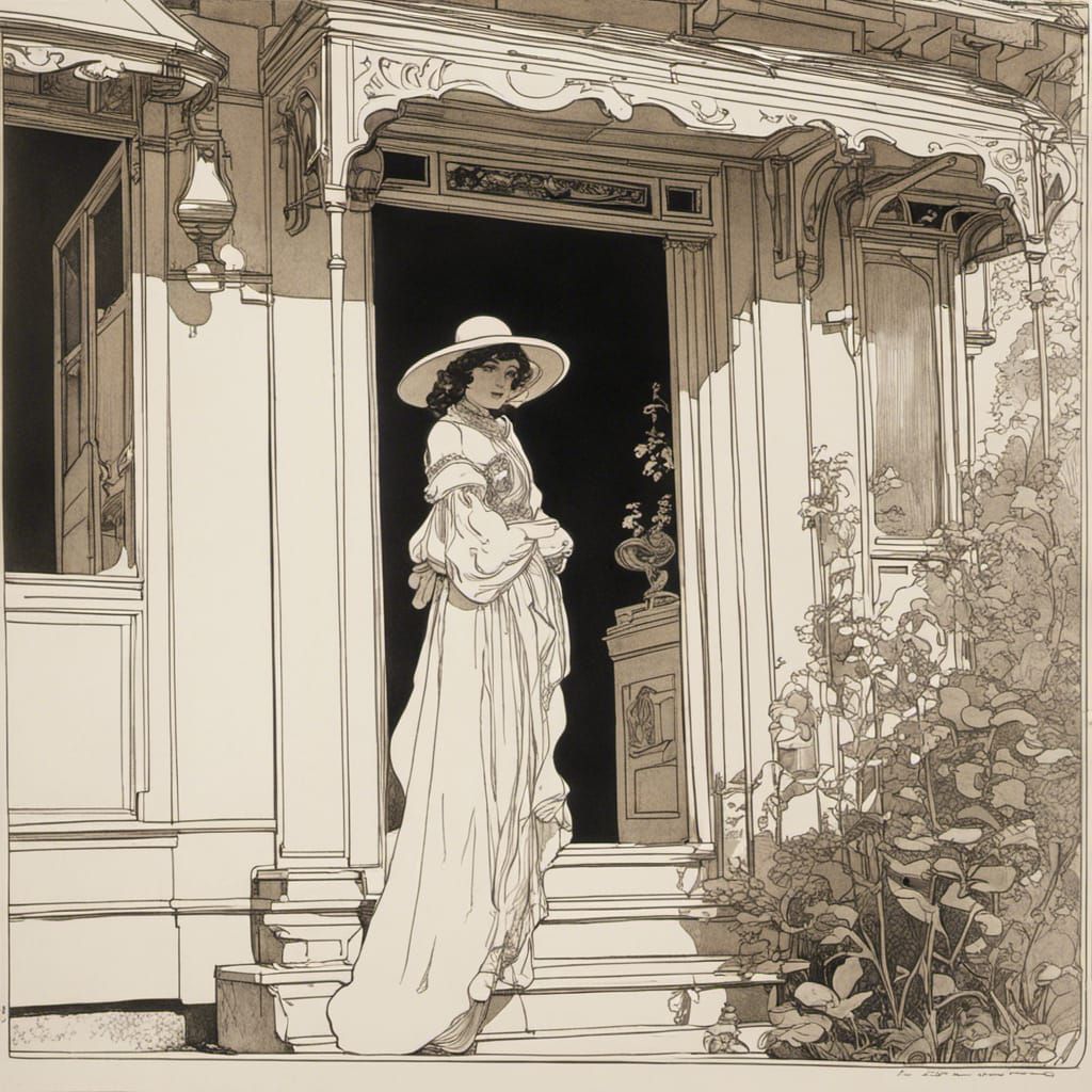 Girl Outside House in Art Nouveau Style