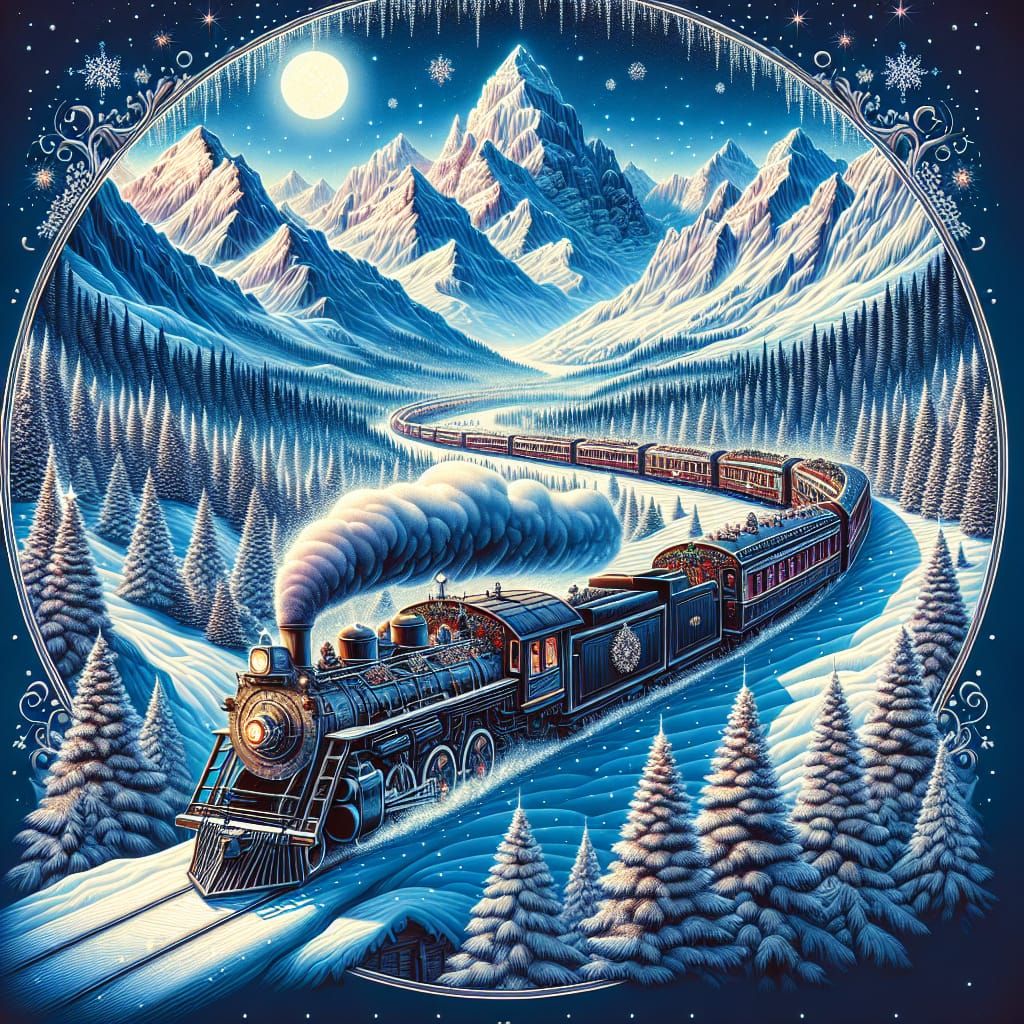 Winter Express Train Through Snowy Mountains