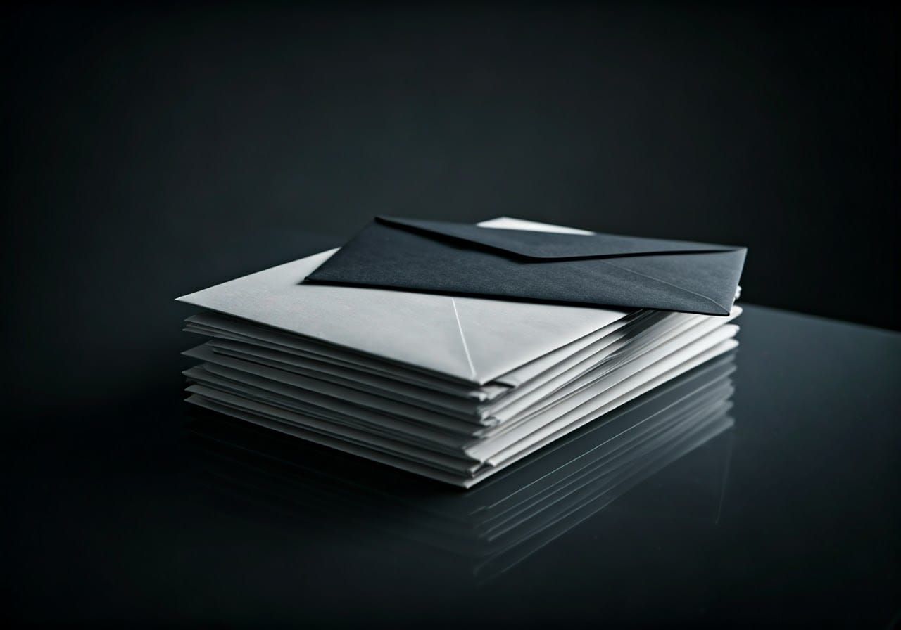 High-Contrast Office Desk with Black Envelope