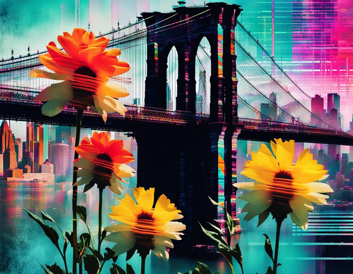 Glitch Art: Flowers and Fragmented Brooklyn Bridge