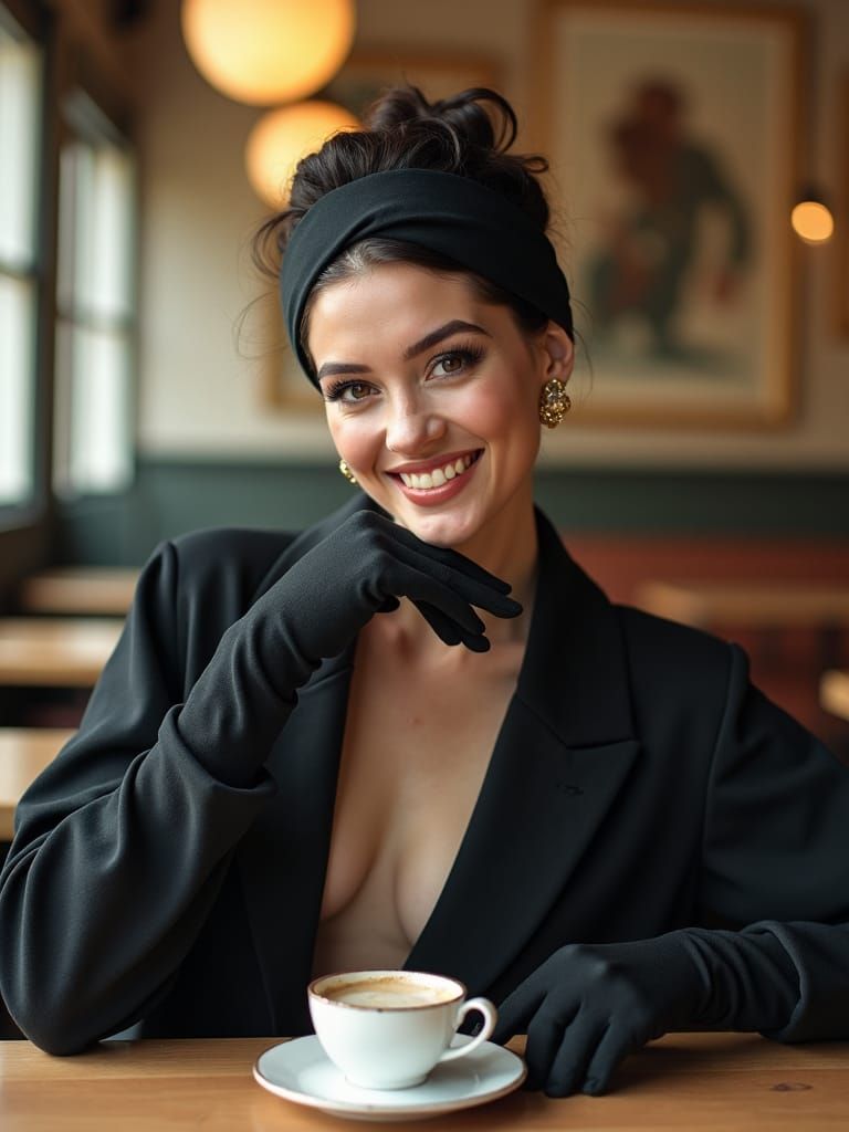 Modern Couture Women in Cafe with Tea