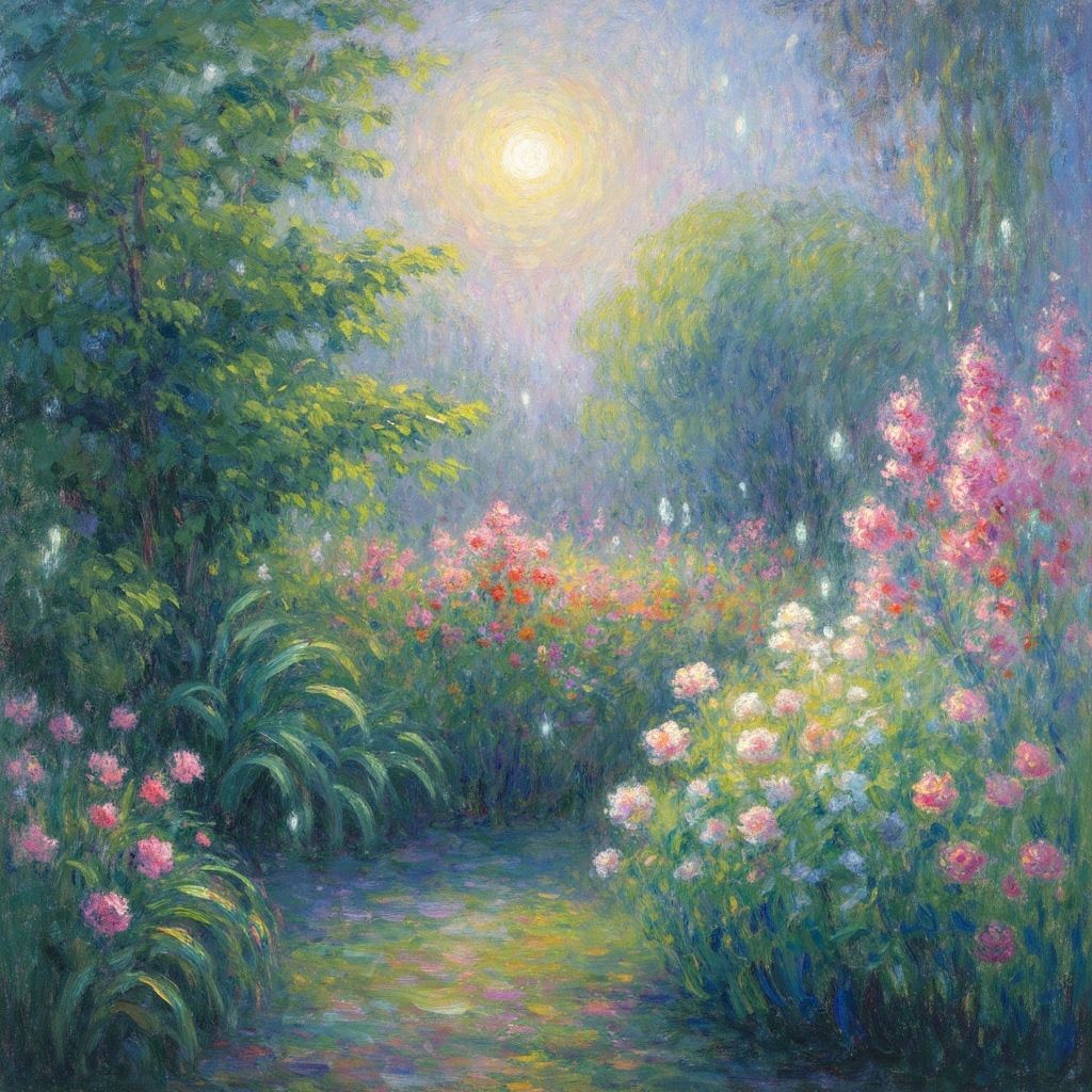 Moonlit Garden in Impressionist Style