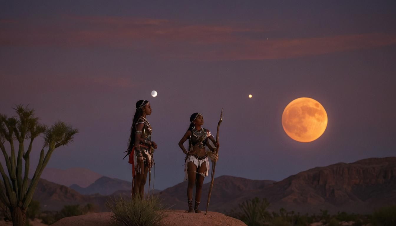 (Beautiful Desert Oasis Sunset With Two Full Moons In The Sk...