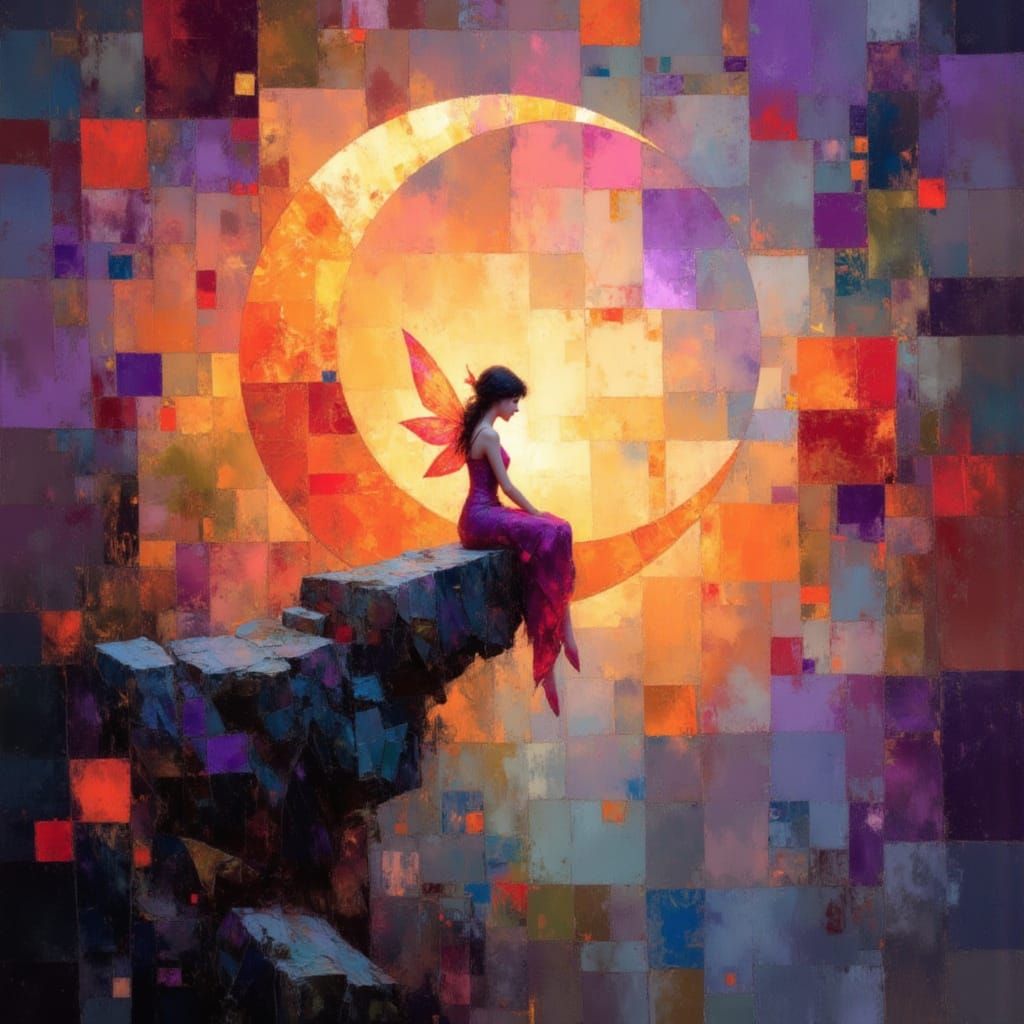 Fractal Haze with Fairy on Moon, Oil Painting