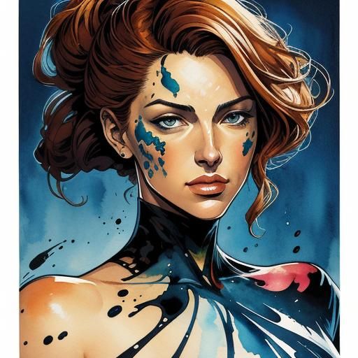 Watercolor Woman in Cezanne Style with Ink Splashes