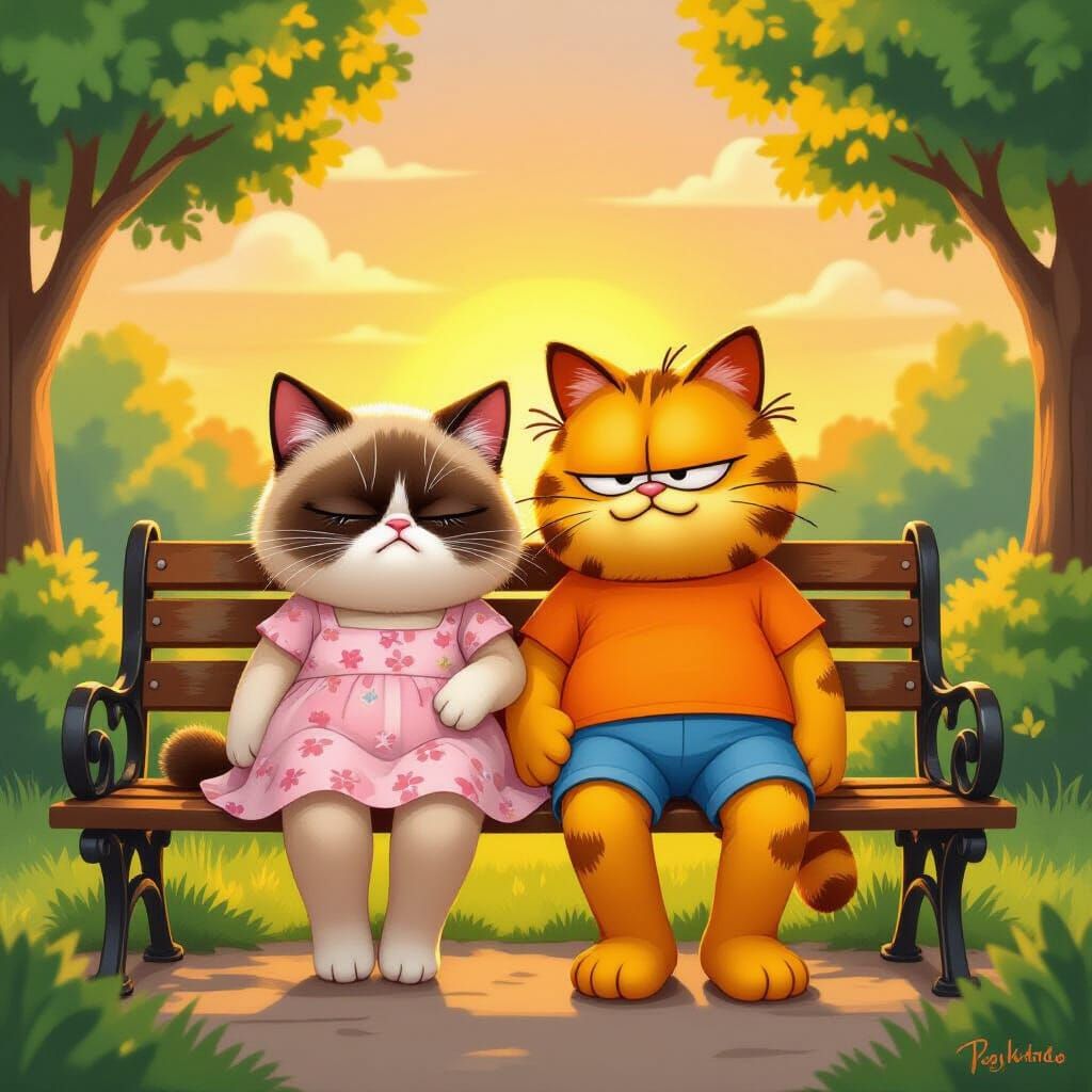 Kawaii Grumpy Cat and Garfield Watching Sunset