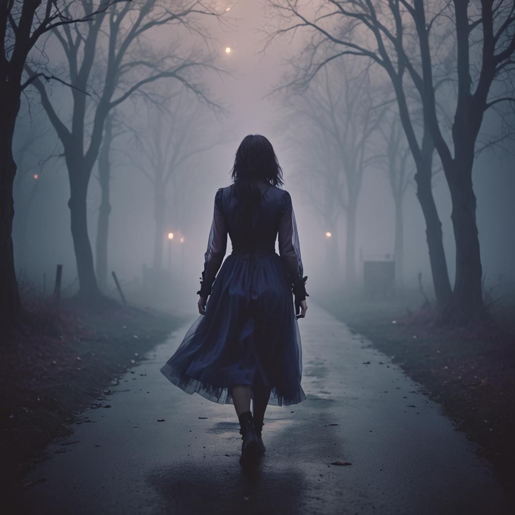 Cinematic Vampiric Woman Walks into the Mist